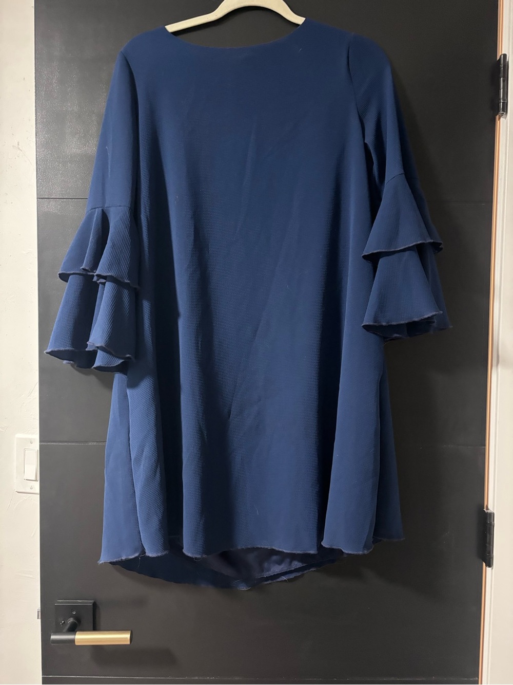 Navy Blue High-Low Dress with Ruffle Sleeves